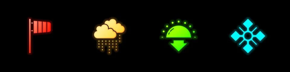 Set Cone windsock wind vane, Cloud with rain, Sunset and Snowflake icon. Vector Stock Illustration