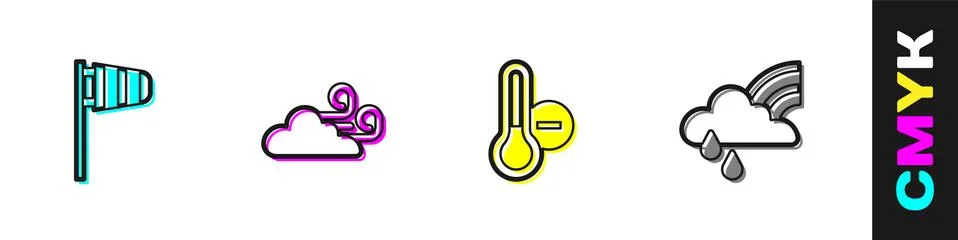 Set Cone windsock wind vane, Windy weather, Meteorology thermometer and Rainbow Stock Illustration