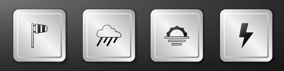 Set Cone windsock wind vane, Cloud with rain, Sunrise and Lightning bolt icon Stock Illustration