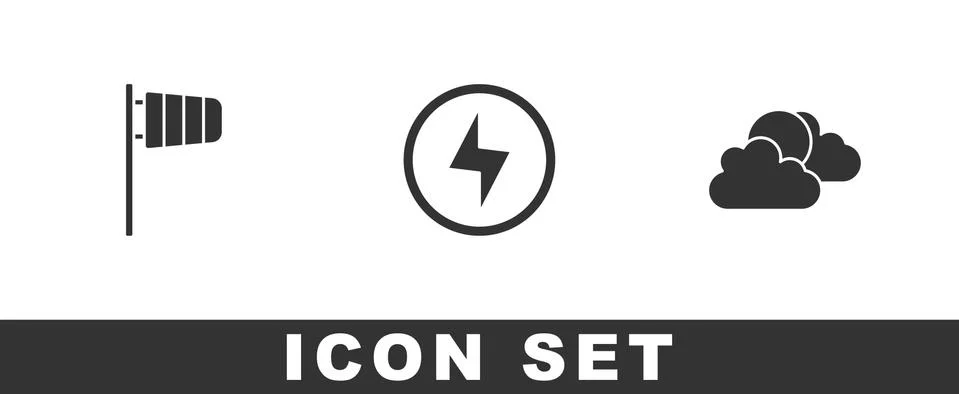 Set Cone windsock wind vane, Lightning bolt and Sun and cloud weather icon Stock Illustration