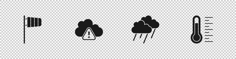 Set Cone windsock wind vane, Storm warning, Cloud with rain and Meteorology Stock Illustration