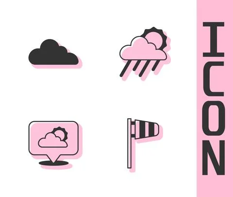Set Cone windsock wind vane, Cloud, Location cloud and with rain and sun icon Illustrazione stock