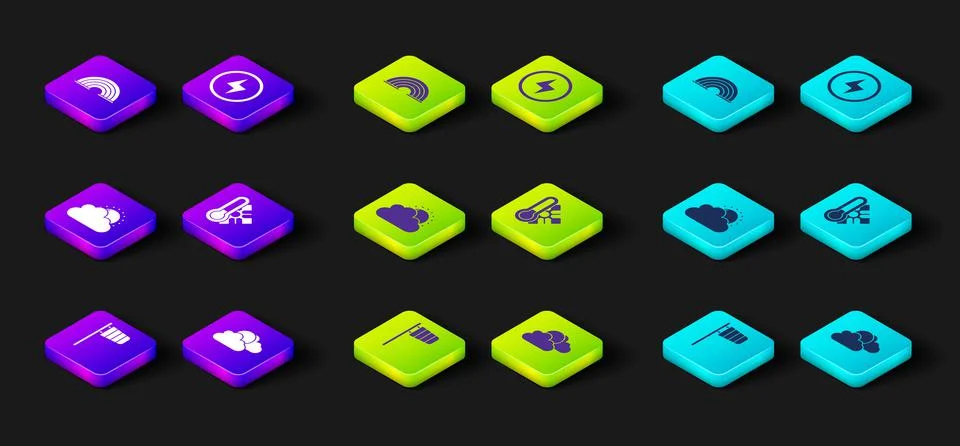 Set Cone windsock wind vane, Sun and cloud weather, Meteorology thermometer Stock Illustration