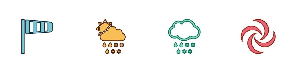 Set Cone windsock wind vane, Cloud with snow, rain, sun, and and Tornado icon Stock Illustration