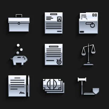 Set Confirmed document and check mark, Stacks paper money cash, Judge gavel with Illustrazione stock