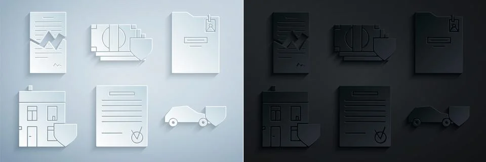 Set Confirmed document and check mark, Personal folder, House with shield, Car Illustrazione stock