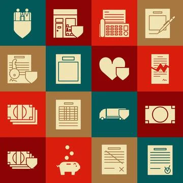 Set Confirmed document and check mark, Stacks paper money cash, Torn contract Stock Illustration