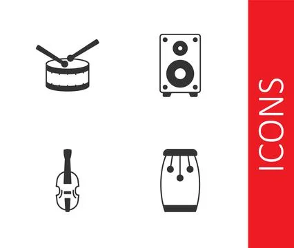 Set Conga drums, Drum with sticks, Violin and Stereo speaker icon. Vector Stockillustratie