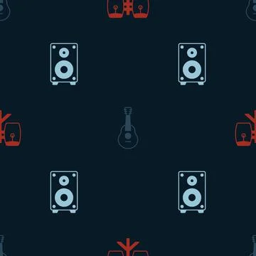 Set Conga drums, Guitar and Stereo speaker on seamless pattern. Vector Stock Illustration