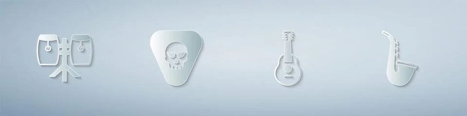 Set Conga drums, Guitar pick,  and Saxophone. Paper art style. Vector Stock Illustration