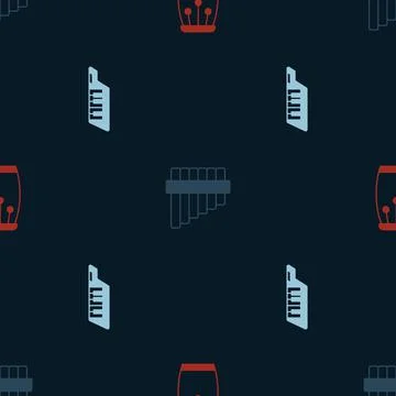 Set Conga drums, Pan flute and Keytar on seamless pattern. Vector Stock Illustration