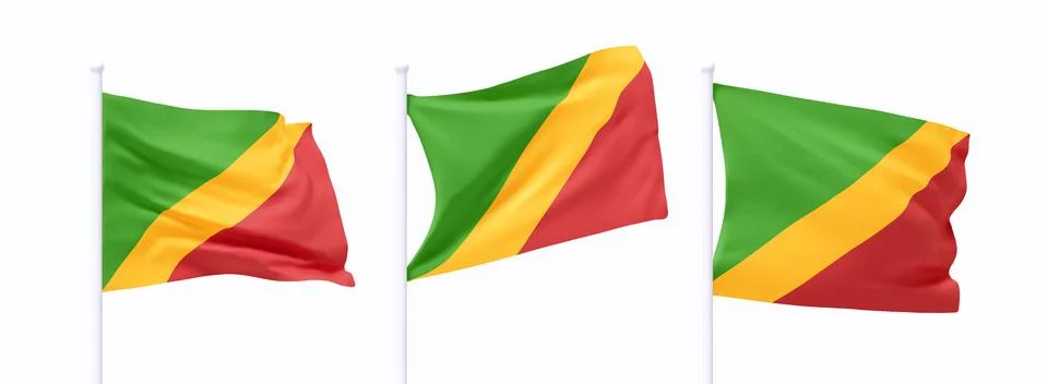 Set of Congo waving flag on flagpole. Realistic 3d design flag flies on the w Stock Illustration
