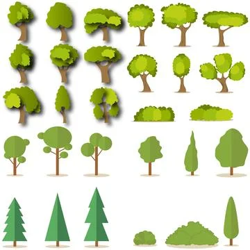 Set of coniferous and deciduous green trees Stock Illustration