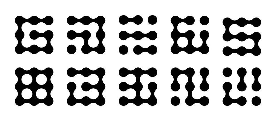 Set of connected black dots. Transition metaballs. Integration symbol. Circ.. Stock Illustration