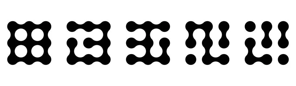Set of connected black dots. Transition metaballs. Integration symbol. Circ.. Illustrazione stock