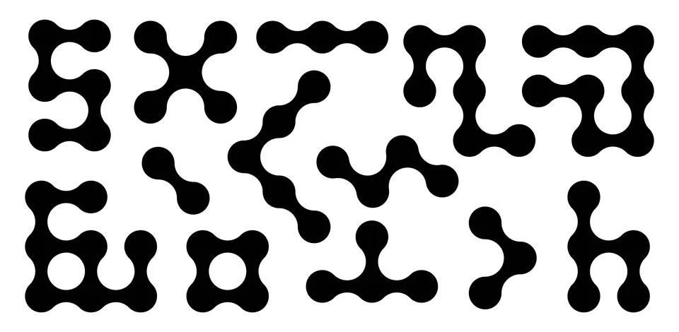 Set of connected black dots. Transition metaballs. Integration symbol. Circ.. Illustrazione stock