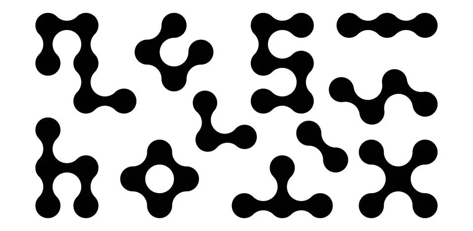 Set of connected black dots. Transition metaballs. Integration symbol. Circ.. Illustrazione stock