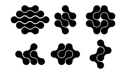Set of connected black dots. Transition metaballs. Integration symbol. Circ.. Illustrazione stock