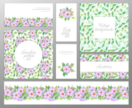 Set consisting of two seamless floral pattern, leaf pattern, seamless border and Stock Illustration