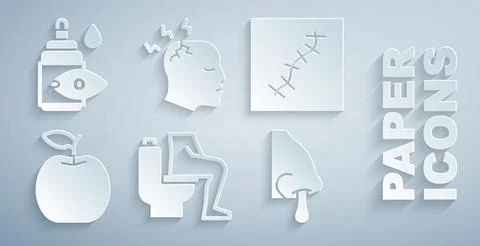 Set Constipation, Scar with suture, Apple, Runny nose, Man having headache and Stock Illustration