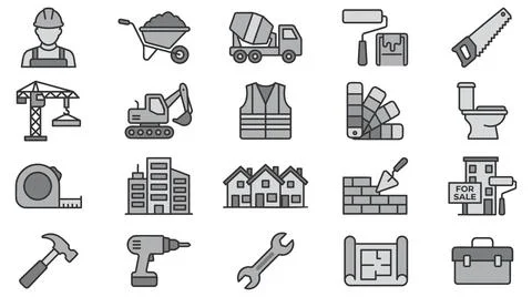 Set of construction and building industry monochrome vector icons collection Stock Illustration