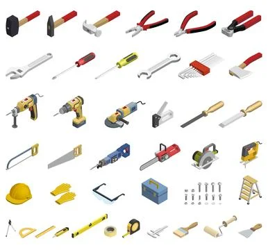Set of construction and repair tools icons. Isometric hand and power tools .. Stock Illustration