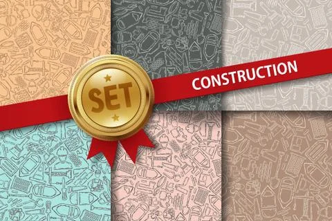 Set of construction backgrounds with doodle icons in different colors Stock Illustration