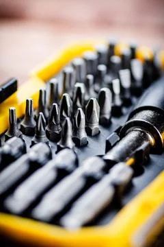 Set of construction bits. Macro background. Stock Photos