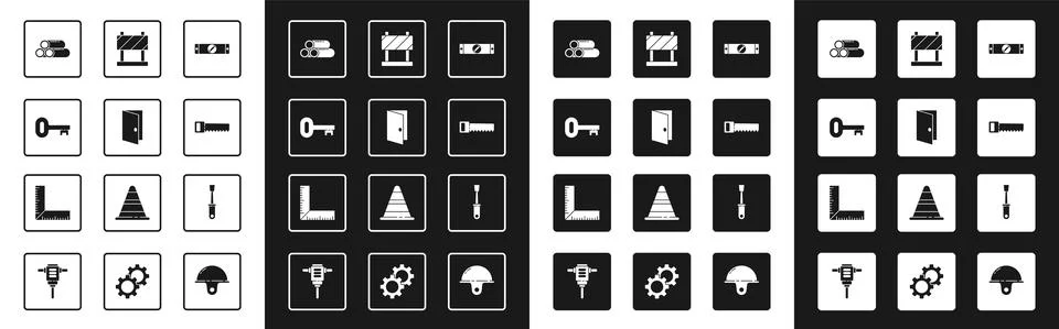 Set Construction bubble level, Closed door, Old key, Industry metallic pipe Stock Illustration