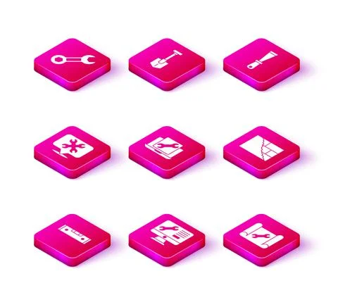 Set Construction bubble level, Computer monitor service, Location with wrench Illustrazione stock