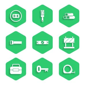 Set Construction bubble level, Old key, Roulette construction, Road barrier,  스톡 일러스트