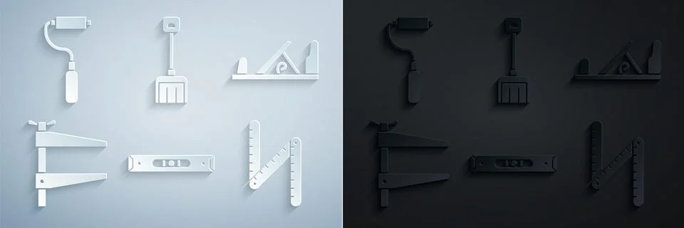 Set Construction bubble level, Wood plane tool, Clamp, Folding ruler, Snow .. Illustrazione stock