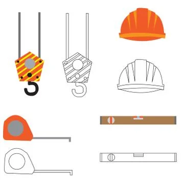 Set of construction equipment and tools, flat icons and line dra Stock Illustration