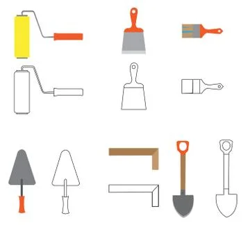 Set of construction equipment and tools, vector image.flat icons and line dra Stock Illustration