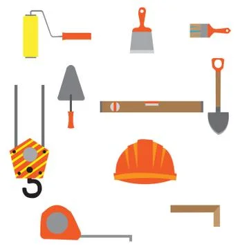 Set of construction equipment and tools, flat icons Stock Illustration