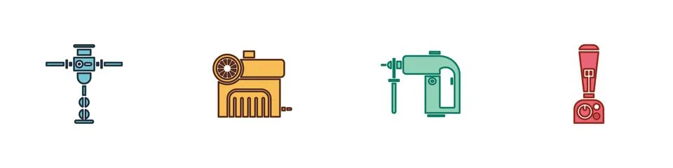 Set Construction jackhammer, Air compressor, Rotary drill machine and Blender Ilustração Stock