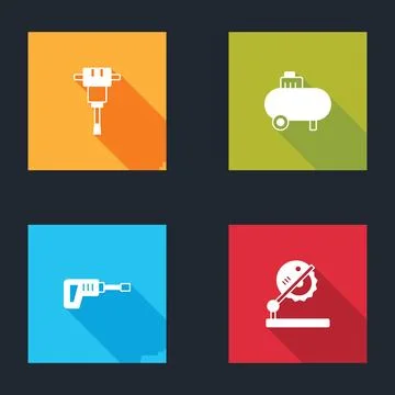 Set Construction jackhammer, Air compressor, Rotary drill machine and Table.. Ilustração Stock