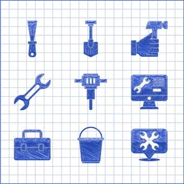 Set Construction jackhammer, Bucket, Location with wrench, Computer monitor.. Stock Illustration