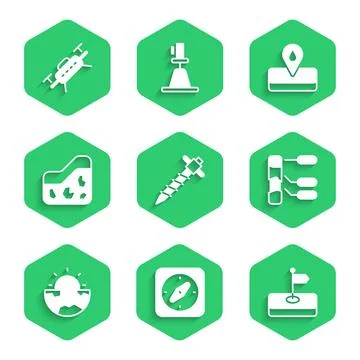 Set Construction jackhammer, Compass, Flag, Soil analysis, Earth core struc.. Stock Illustration