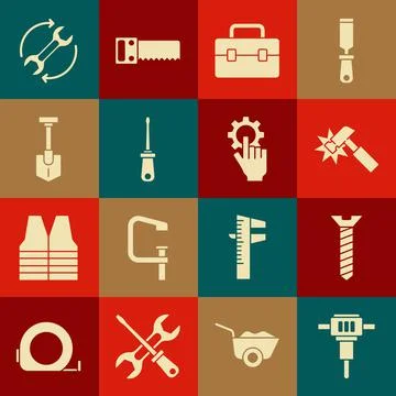Set Construction jackhammer, Metallic screw, Hammer, Toolbox, Screwdriver Illustrazione stock