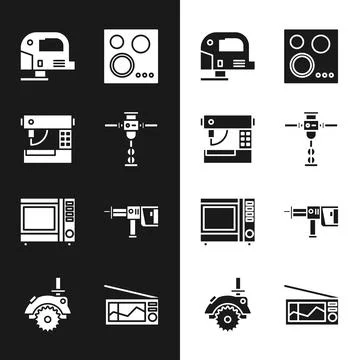 Set Construction jackhammer, Sewing machine, Electric jigsaw, Gas stove Stock Illustration