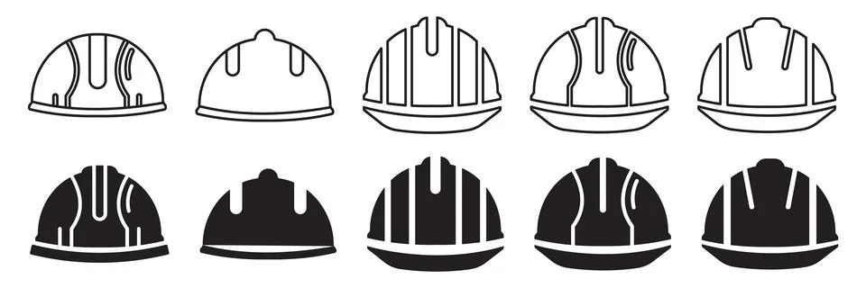 Set of construction safety hard hat icons in outline and solid styles Stock Illustration