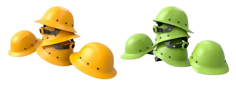 Set of construction safety helmets isolated on white transparent background,  Illustrazione stock