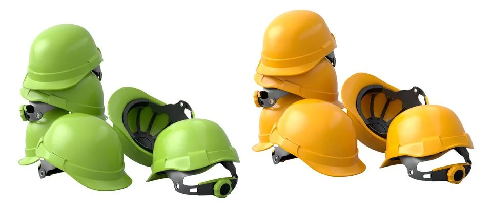 Set of construction safety helmets isolated on white transparent background.. Stock Illustration