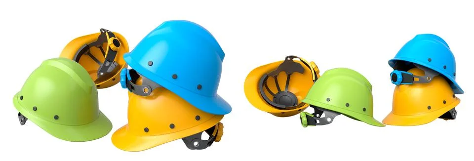 Set of construction safety helmets isolated on white transparent background,  Stock Illustration