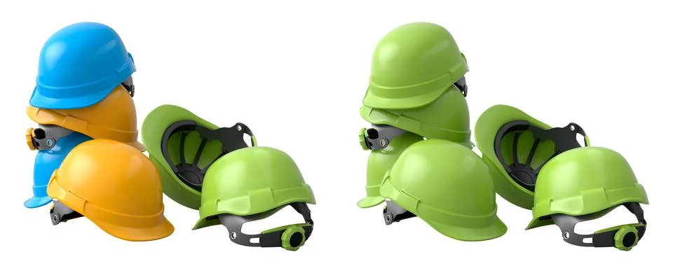 Set of construction safety helmets isolated on white transparent background,  Stock Illustration