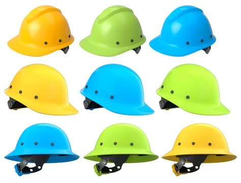 Set of construction safety helmets isolated on white transparent background.. Stock Illustration