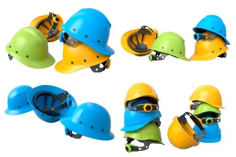 Set of construction safety helmets isolated on white transparent background.. Stock Illustration