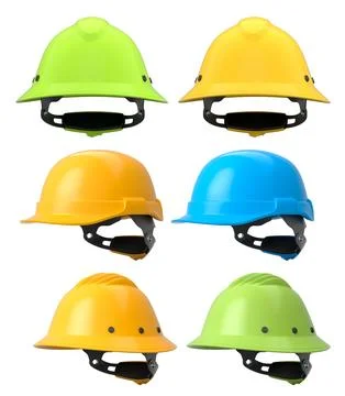 Set of construction safety helmets isolated on white transparent background,  Illustrazione stock