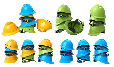 Set of construction safety helmets isolated on white transparent background,  Illustrazione stock